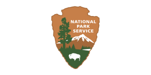 Brown arrowhead logo, point down. At top right, white text, National Park Service. At left, a tall tree. At bottom, a white bison stands on a green field ending in a distant tree line, a white lake at right. A snow-capped mountain towers behind.