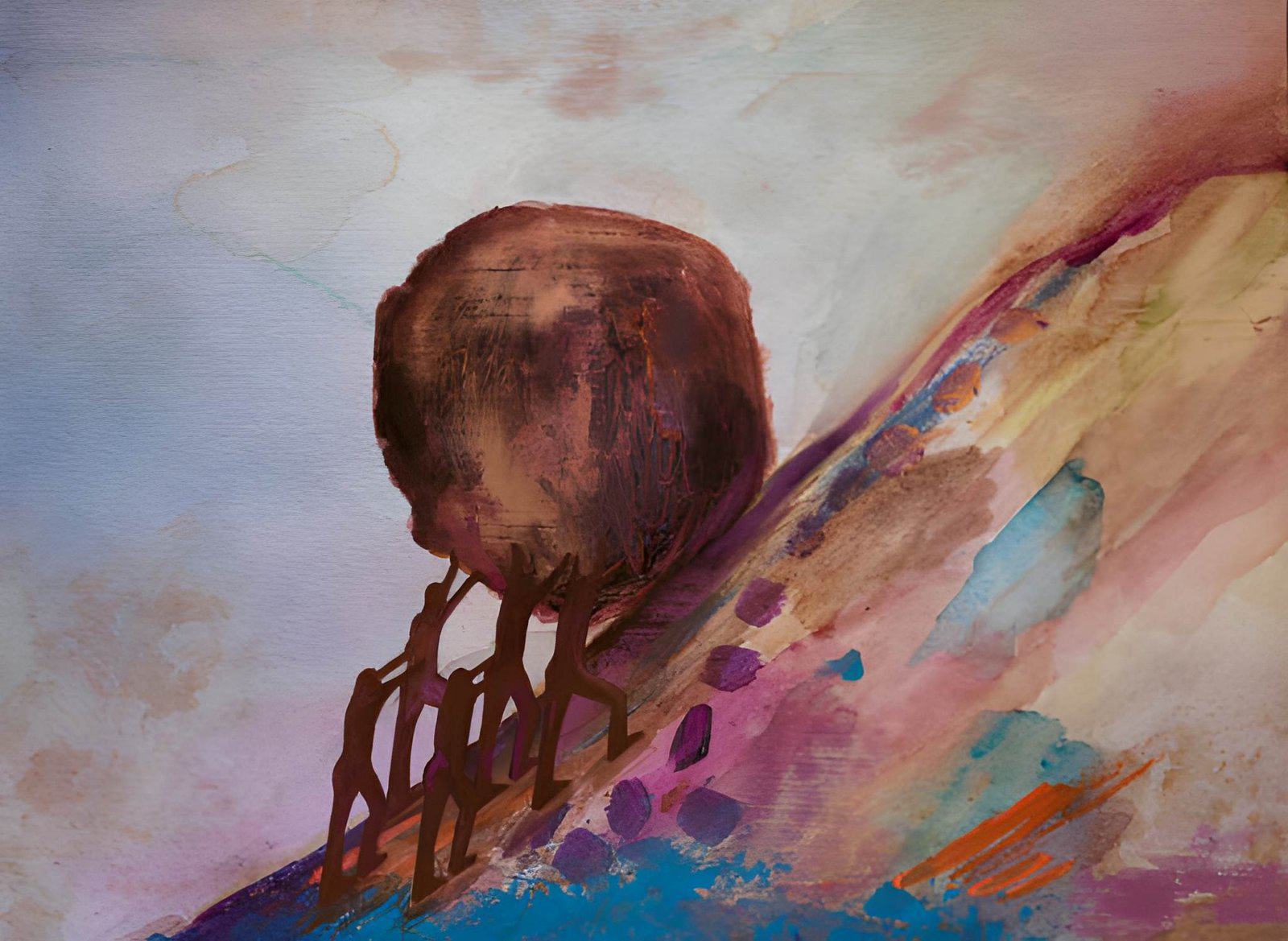 A painterly scene of people pushing a great weight uphill together